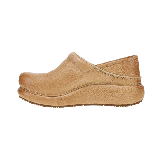Tan leather clogs with a thick platform sole and closed toe