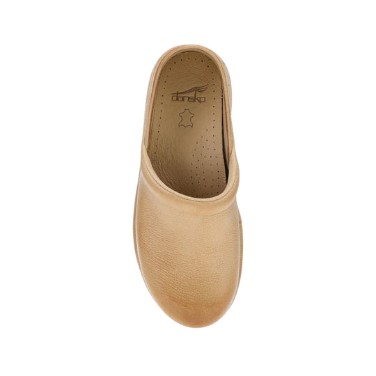 Beige leather clog with an open back, perforated footbed, and visible Dansko logo