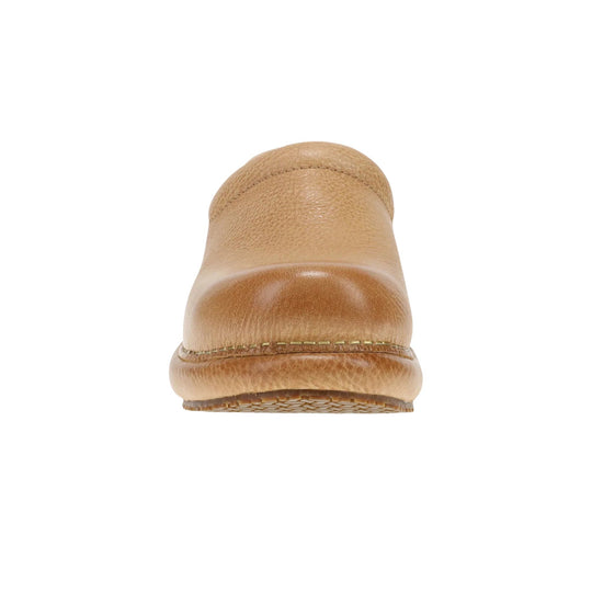 Tan leather clog shown from the front