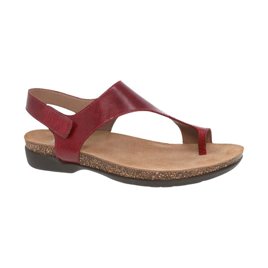 Burgundy leather sandal with a single toe post, open side cutouts, and a cork-look wedge sole