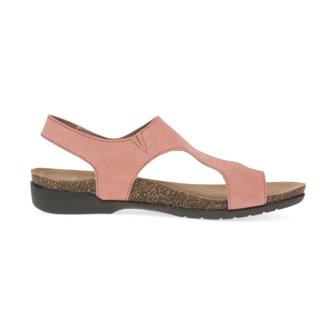 Pink nubuck sandal with side cutouts, slingback strap, and low black wedge sole