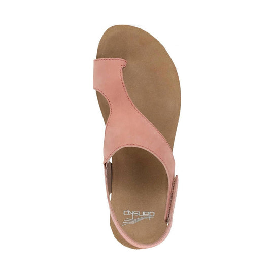 Pink nubuck women’s sandal with an asymmetrical upper, open toe, and cork-look footbed