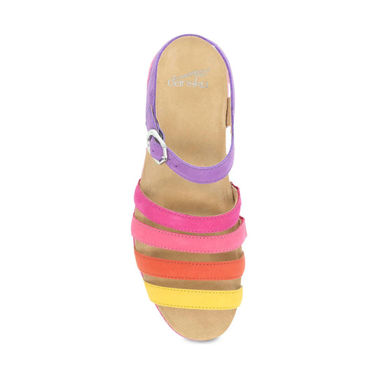 Multicolor strappy sandal with tan footbed and buckle strap