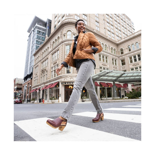 Brown leather slingback clogs with stacked wooden heels
