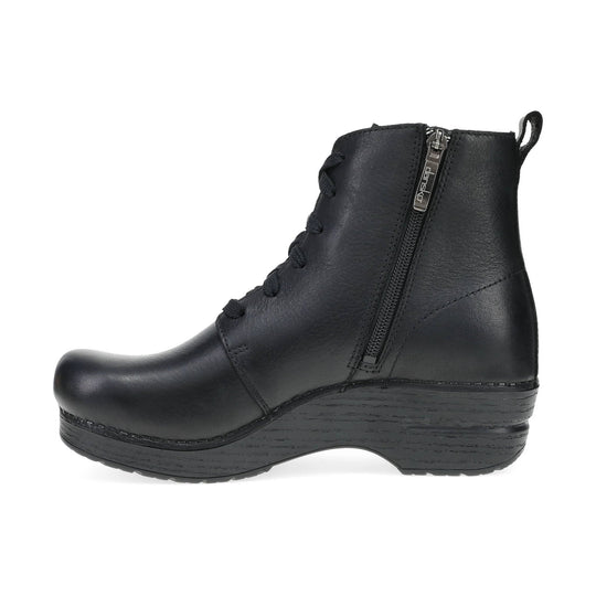 Black leather ankle boot with lace-up front, side zipper, and low wedge heel