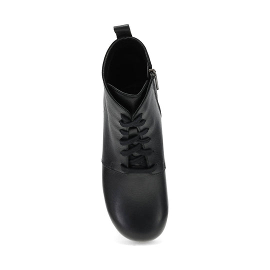 Black leather ankle boot with front laces, side zipper, and pull tab