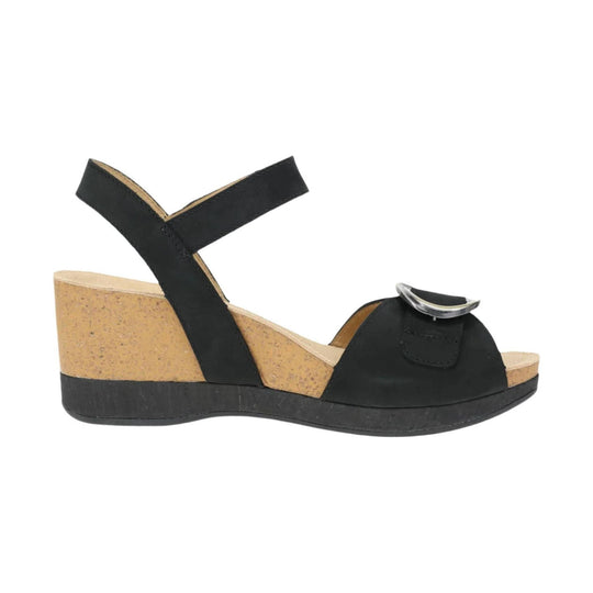 Black wedge sandal with cork-look heel, ankle strap, and silver buckle