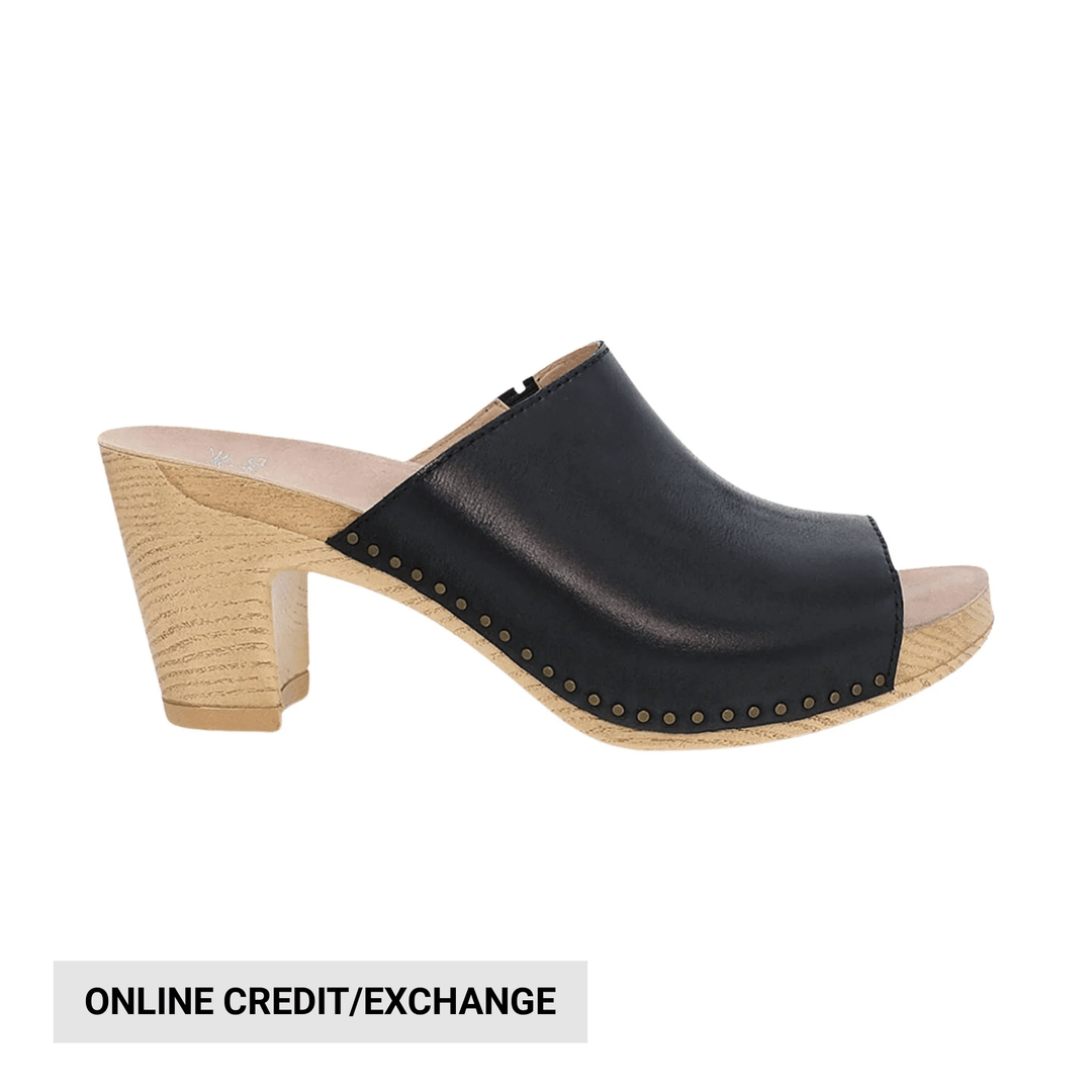 Black peep-toe mule clog with a wood-look heel and studded trim