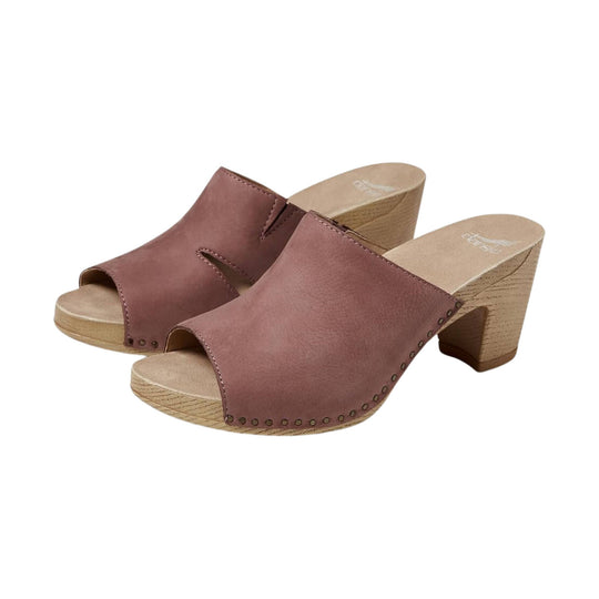 Rose leather peep-toe wedge mule sandals with wooden heels