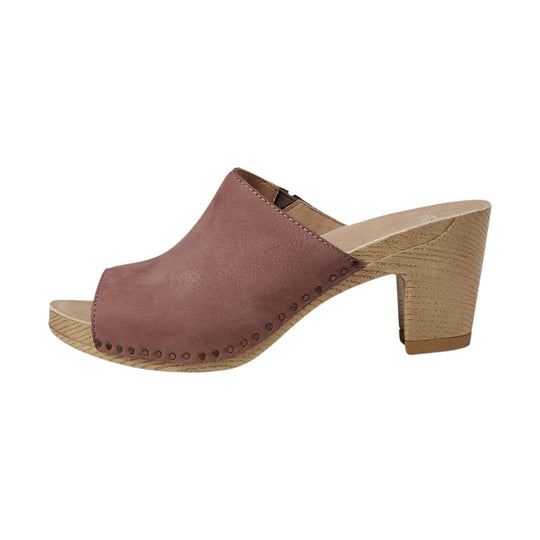 Brown leather mule sandal with open toe, studded trim, and wood-look block heel