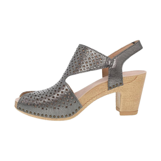Metallic perforated slingback wedge sandal with wood-look heel