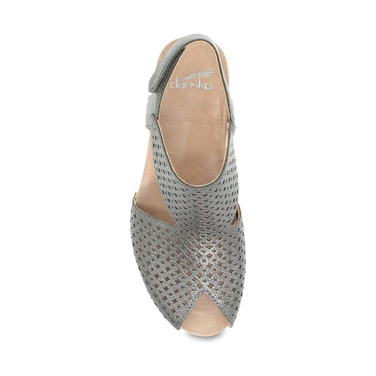Gray woven peep-toe slingback sandal with cutout upper and low heel