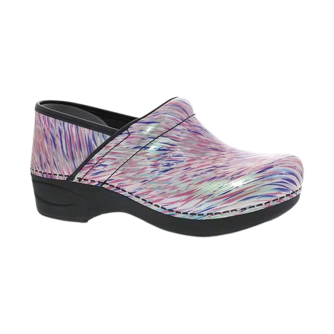 Pastel patterned slip-on clog with a black wedge sole
