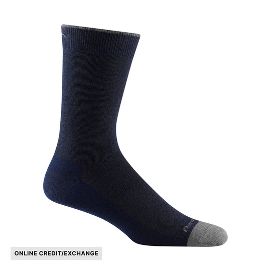 Dark navy crew sock with gray toe and a visible “ONLINE CREDIT/EXCHANGE” label