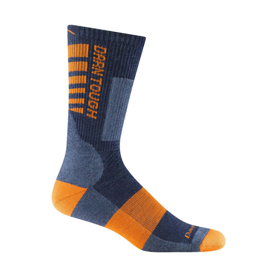 Blue and orange crew sock with DARN TOUGH text and striped cuff and foot