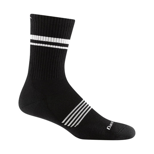 Black crew running sock with white stripe bands near the cuff and midfoot, shown in side view
