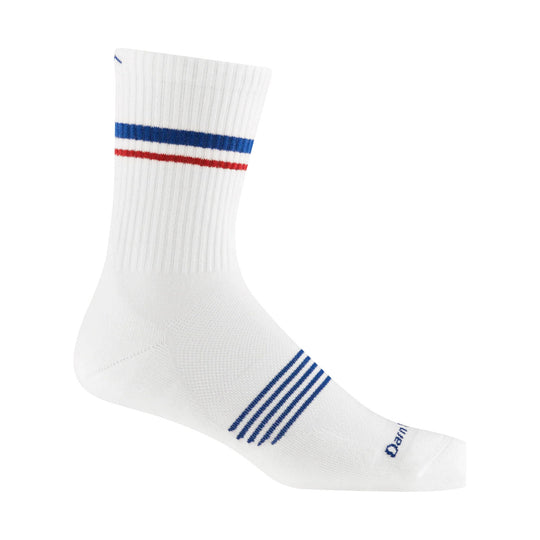 White crew sock with blue and red stripes near the top and blue stripes near the foot