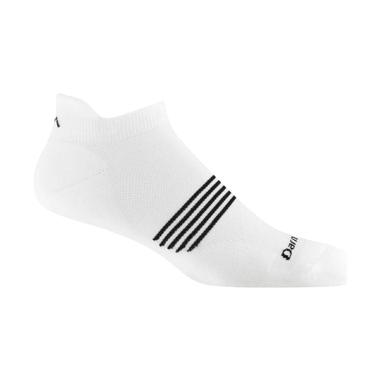 White low-cut athletic sock with black stripe detail and small ankle logo
