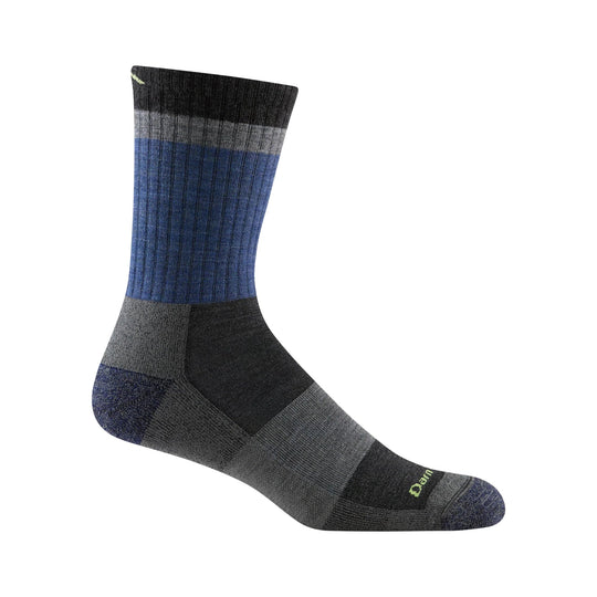 Striped mid-calf hiking sock in black, gray, and blue with visible lime-green logo text near the toe