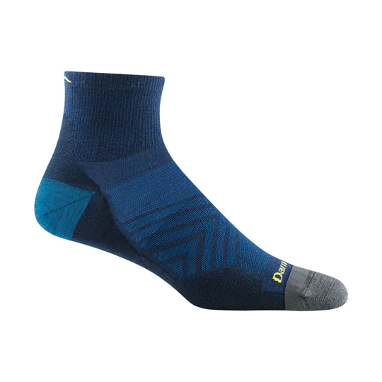 Blue quarter athletic sock with gray toe and heel and yellow text near the ankle
