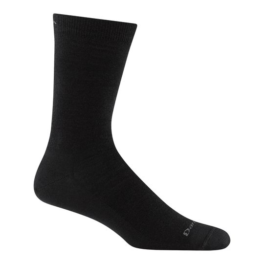 Black crew-length sock shown in side view with a ribbed cuff and small logo near the toe