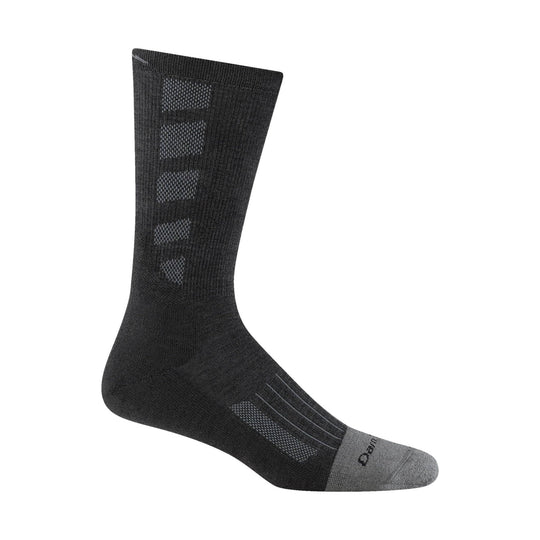 Black crew sock with gray toe and heel, ribbed knit, and small knit pattern panels.