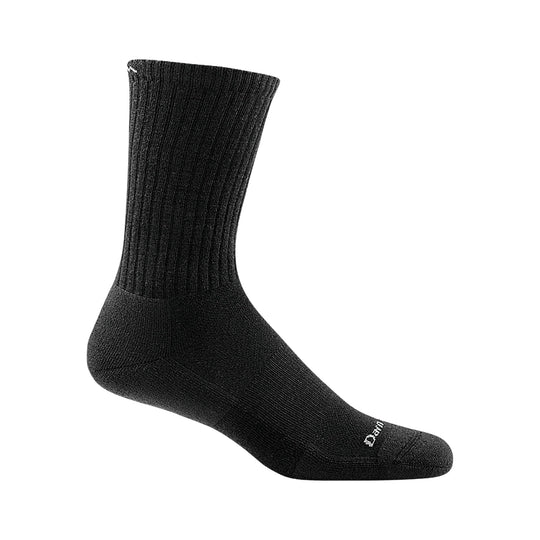 Black crew sock with ribbed calf and small logo on the toe
