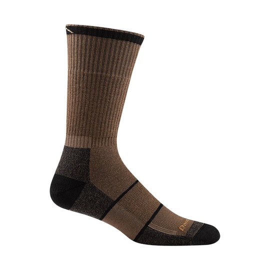 Mid-calf brown and black performance sock with ribbed knit cuff, heel and toe panels, shown in profile.