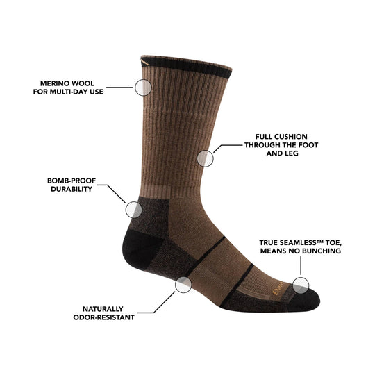 Brown and black mid-calf work sock with callouts for merino wool, full cushioning, durability, odor resistance, and seamless toe.