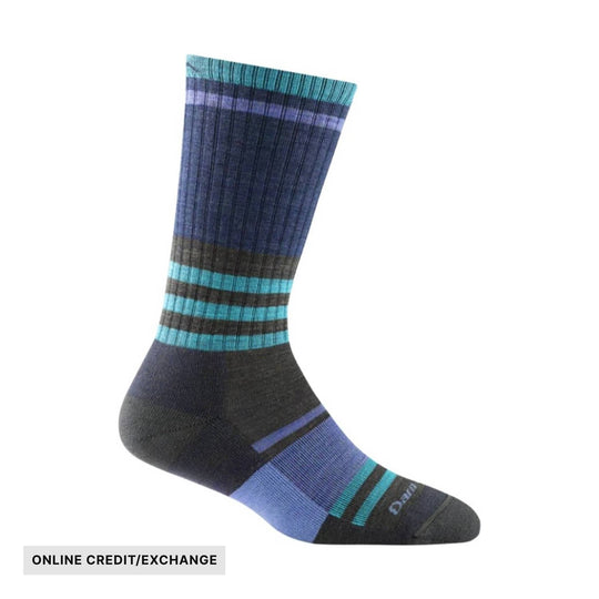 Striped navy, teal, and gray crew sock with "Darn" visible near the toe and an ONLINE CREDIT/EXCHANGE label