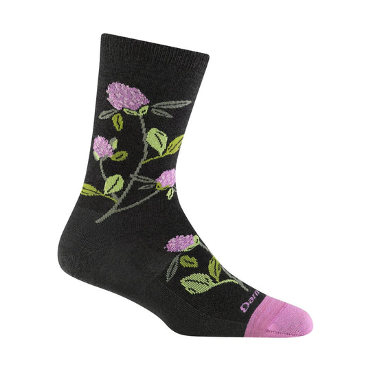 Black crew sock with pink flower and green leaf pattern and a pink toe and cuff