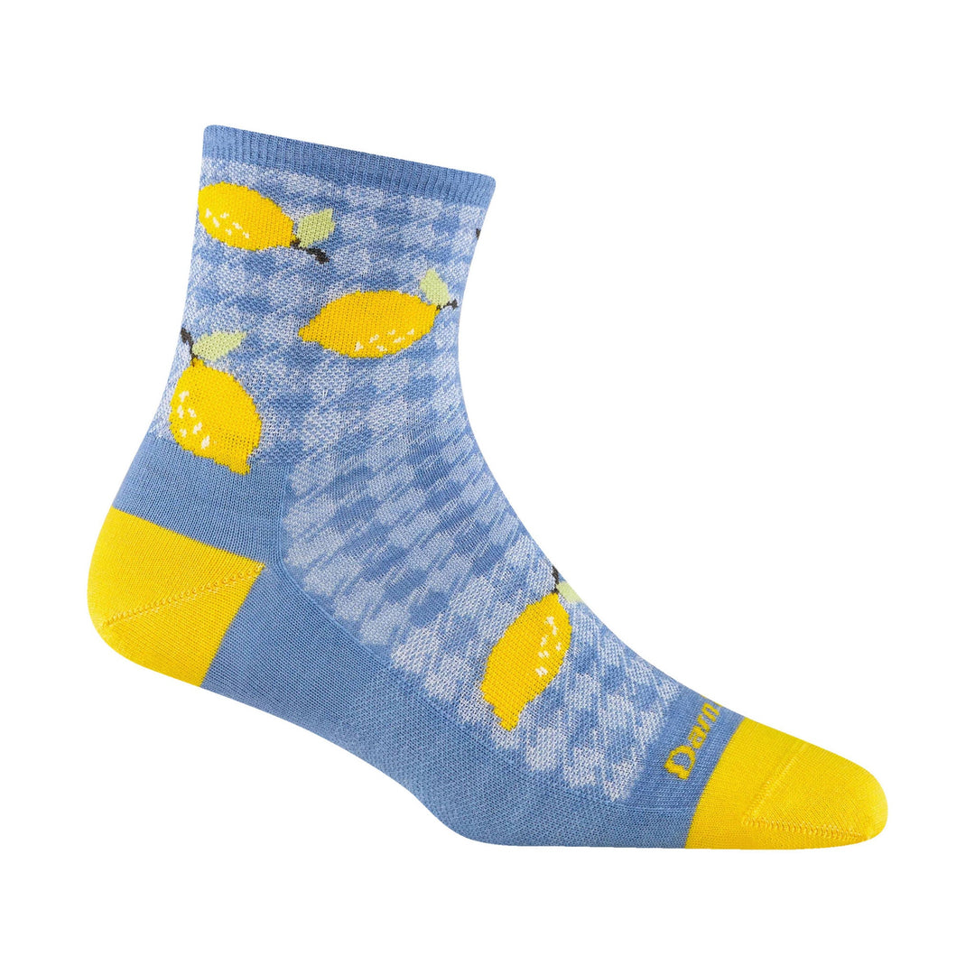 Blue ankle sock with yellow lemons and yellow toe and heel accents, shown in side view.