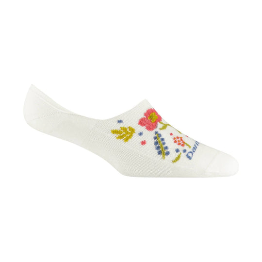 White no-show sock with a colorful floral knit pattern