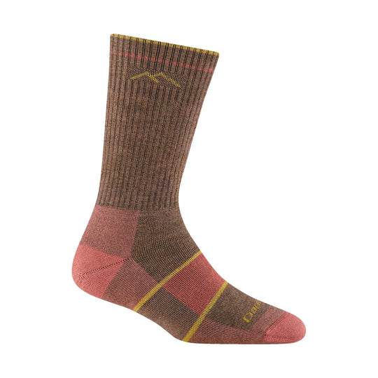 Brown and pink midweight hiking sock with yellow stripe accents, shown in side view.