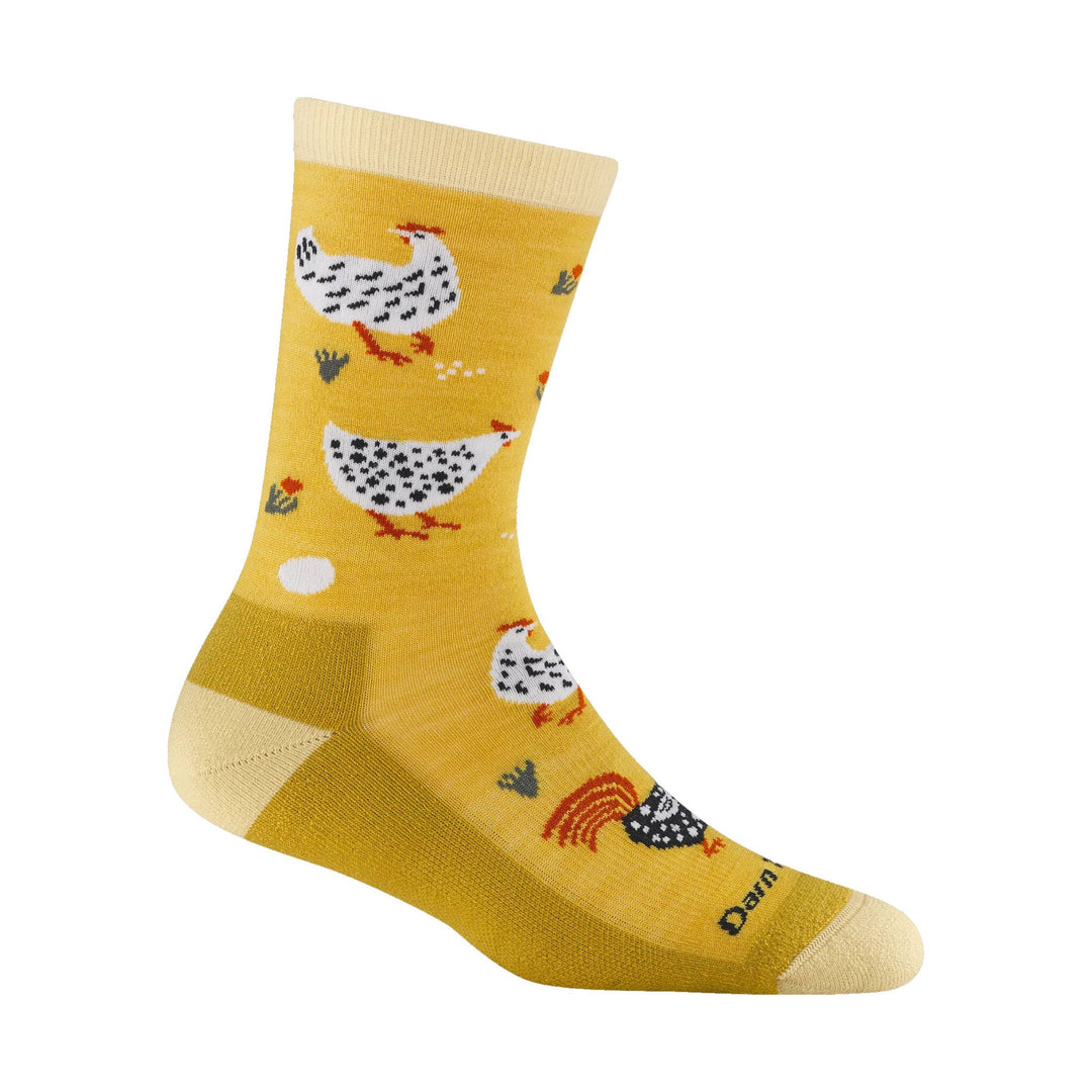 Yellow crew sock with white chickens, red feet, and cream toe and cuff