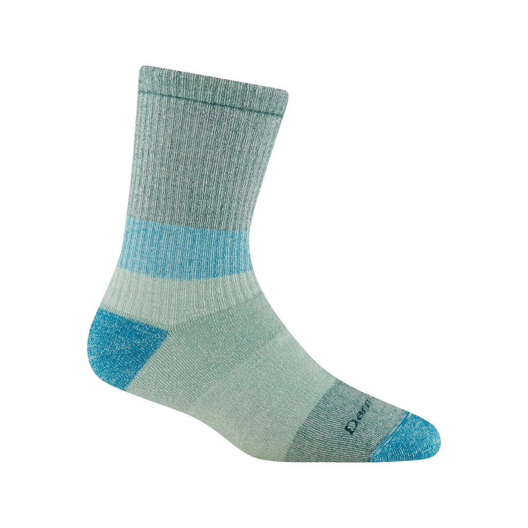 Light green and blue crew hiking sock with ribbed cuff and color-blocked heel and toe