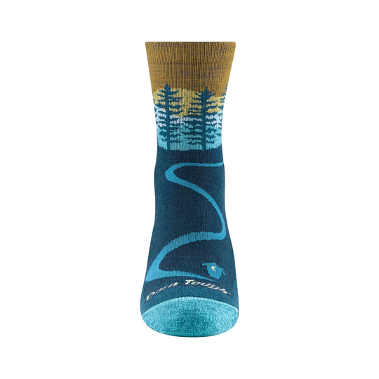Blue and teal patterned hiking sock with a forest scene design and gold cuff
