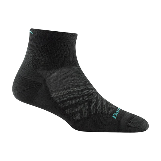 Black quarter running sock with turquoise logo text and knit support panels
