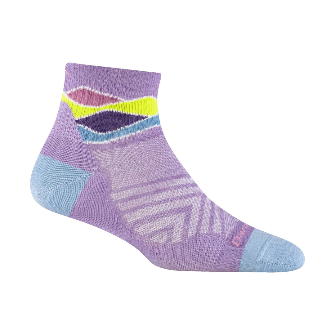 Lavender ankle running sock with pastel blue, yellow, pink, and purple geometric bands
