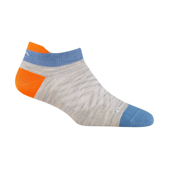 Light gray no-show running sock with blue toe and cuff, orange heel and ankle accents