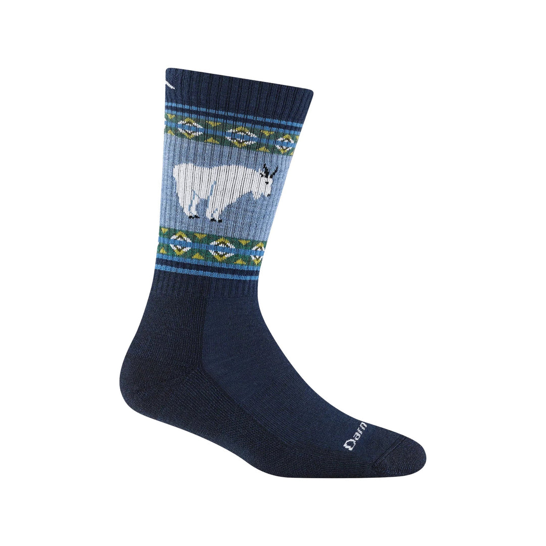 Navy hiking sock with a white goat pattern and blue-green geometric bands