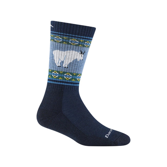 Navy hiking sock with a white goat pattern and blue-green geometric bands