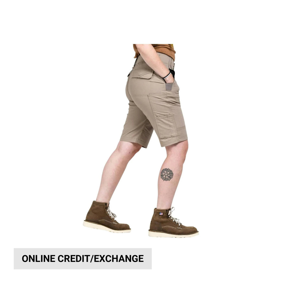 Beige cargo shorts shown on a model with brown lace-up boots
