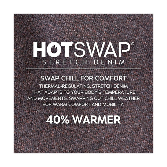 Thermal stretch denim fabric graphic with HOTSWAP and 40% WARMER text