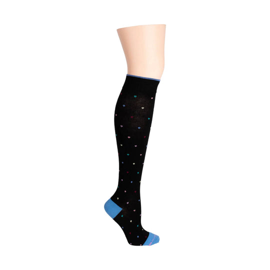 Black knee-high sock with tiny multicolored heart pattern and blue heel and toe accents