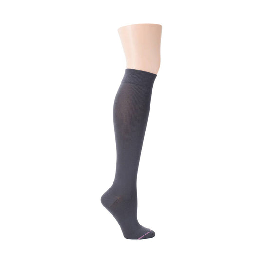 Dark gray knee-high compression sock with ribbed knit and pink text near the toe