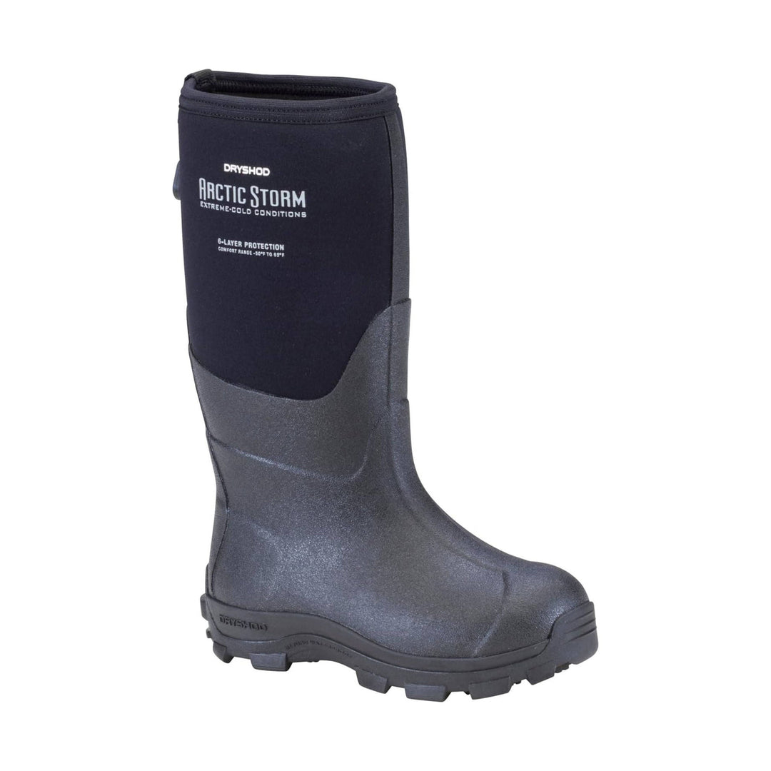Black insulated knee-high rubber boot with rugged tread and printed product text on the shaft