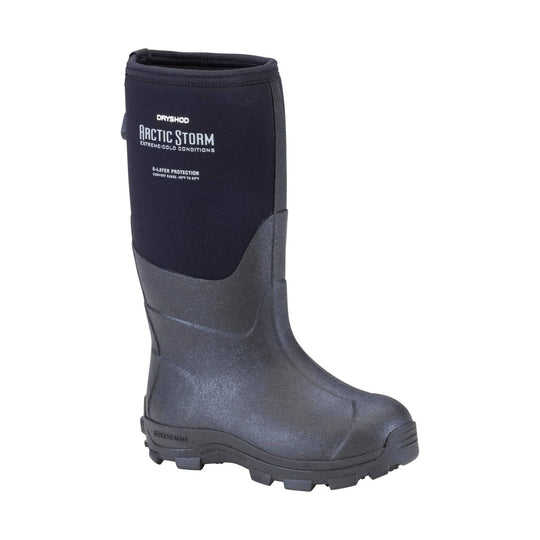 Black insulated knee-high rubber boot with rugged tread and printed product text on the shaft