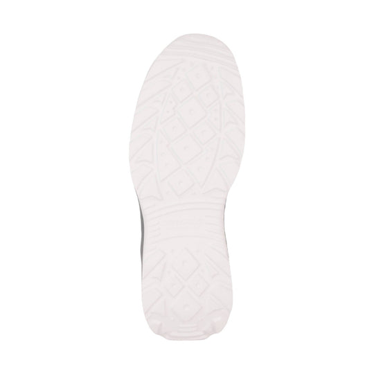 Translucent white shoe outsole with geometric tread pattern and embossed branding
