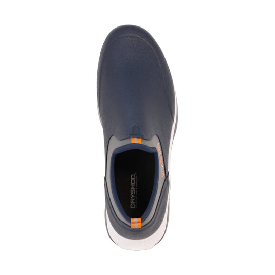 Navy waterproof slip-on shoe with orange accents and a gray sole, top view